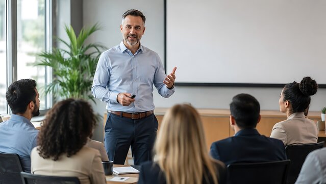 Confident male speaker presenting to diverse audience in modern office.