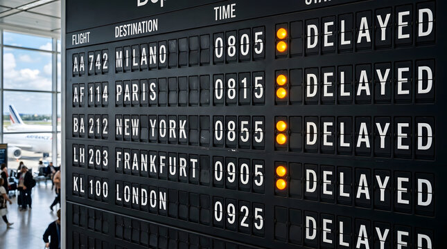 Digital departure board at a bustling airport terminal displaying numerous flight delays, highlighting travel disruptions and passenger waiting in a modern transportation hub