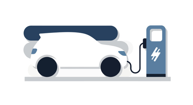 A white electric car is charging at a blue charging station, depicted in a minimalist flat illustration style.
