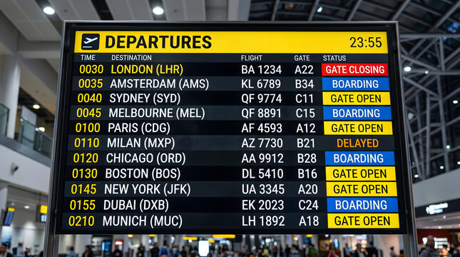 Airport departures board displaying flight information with flight numbers destinations and status updates in real time