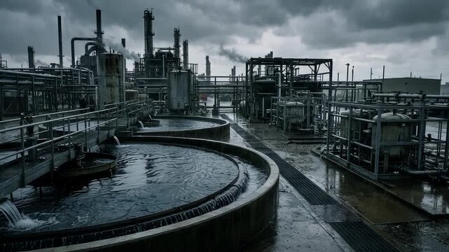 Rainsoaked medium shot of a water recycling plant with visible clarifiers and filters actively treating refinery effluents surrounded by wet surfaces and overcast skies