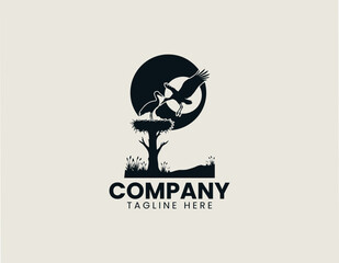 Obraz premium Stork silhouette on nest at sunset black vector illustration