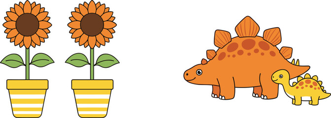 Cartoon vector illustration of cute dinosaurs with sunflowers in pots, perfect for children's designs and educational projects. © MdSaiful