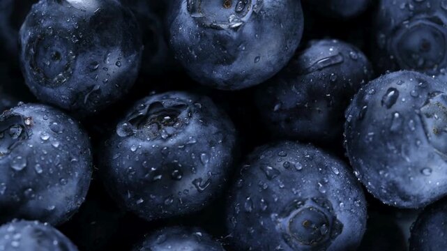 Close-up macro shot of fresh blueberries with water droplets, highlighting their vibrant color and texture