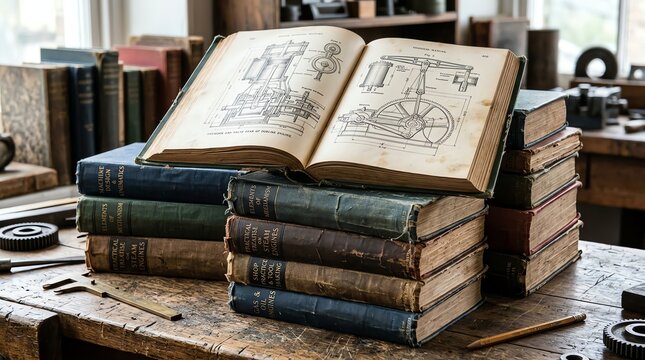 Ancient open book with sketches resting on a stack of old books in a vintage library setting.