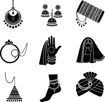 Indian Traditional Jewelry and Bridal Accessories Silhouette Set with Necklace, Earrings and Bangles