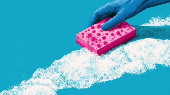 Vibrant centered graphic with blue gloved hand gripping dotted textured pink sponge producing bubbly white soap foam across bright turquoise plane, ideal for housekeeping