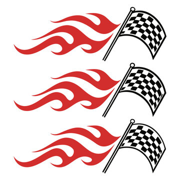 Checkered racing flag with dynamic red flame elements symbolizing high speed and victory in automotive competitions and professional sports events