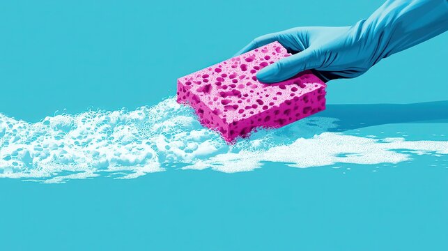 Vibrant centered graphic with blue gloved hand gripping dotted textured pink sponge producing bubbly white soap foam across bright turquoise plane, ideal for housekeeping