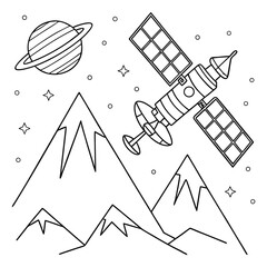 Satellite in space with planet saturn and mountains line art vector icon, communication technology over landscape black outline doodle © Nasima