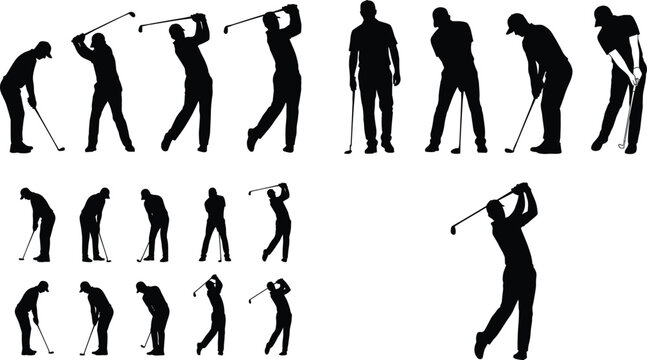 Collection of professional golfer silhouettes in various poses, golf swing motions and stance positions, vector illustration set