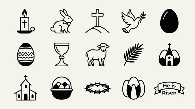Easter Symbols Icons Set: Cross, Bunny, Egg, Dove, Candle, Lamb, Church, Palm Leaf, Crown of Thorns
