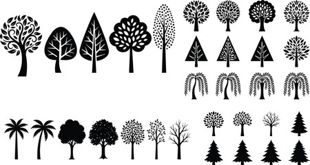 Collection of various tree silhouettes, diverse forest plants and nature icons isolated on white, image_8b87fe.png © MdSaiful