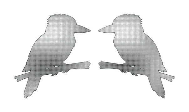 Kookaburra bird silhouettes on branches, grey kingfisher vector shapes, Australian wildlife icons for logo design and nature branding