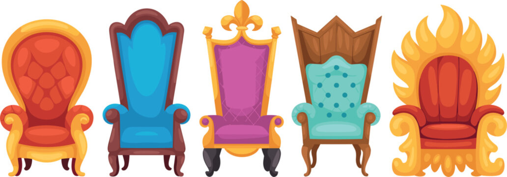 Royal throne chair vector icon set with golden frame and luxury velvet upholstery cartoon illustrations