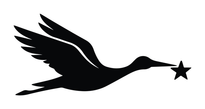 Minimalist flying stork silhouette with star, elegant black bird icon vector, graceful crane carrying celestial star symbol for baby shower or delivery logo