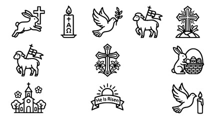 Easter Icons Set: Cross, Bunny, Dove, Lamb, Church, Candle, Sunrise, Eggs