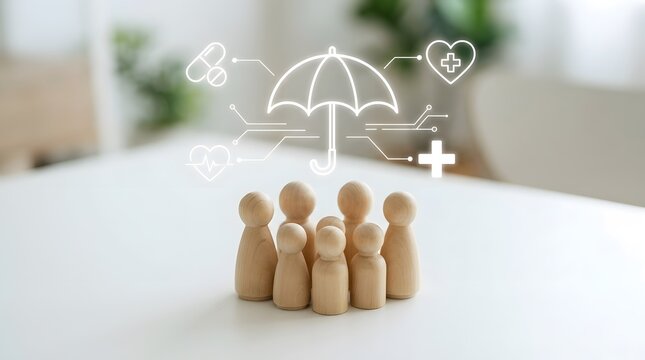 Wooden family figures under an umbrella icon representing health insurance and protection