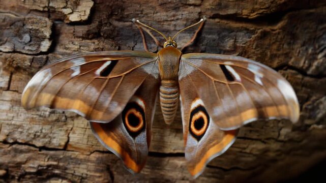 Striking Peacock Moth, Antheraea Polyphemus, gently flapping its intricate, eye-spotted wings in slow motion while resting on rustic tree bark