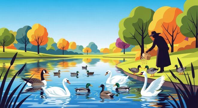 Bright vector illustration of a sunny park pond with aquatic birds being fed amidst lush greenery and vibrant trees under a clear blue sky, landscape, bright, sky