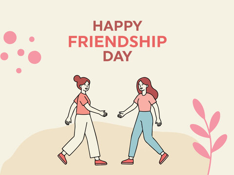 Two female figures walking towards each other a vector illustration with a pastel colored background and celebratory text affection amity association