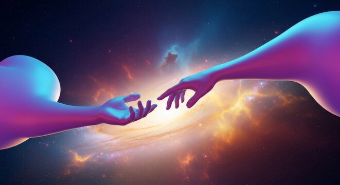 Dynamic mid-air celebration featuring weightless forms floating in zero gravity, hands touching in a joyful gesture against a cosmic glow, bright, interaction, background