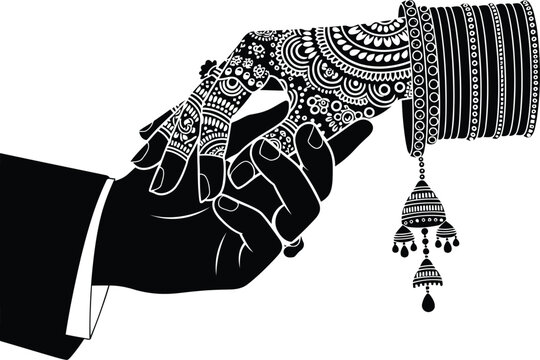 Black and white illustration of decorated bridal hands with mehndi and bangles in traditional Indian wedding style