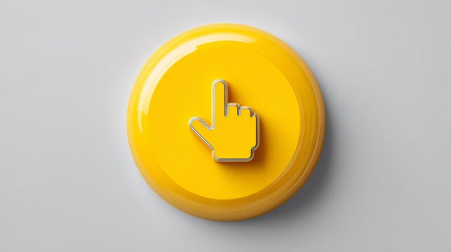 6.Glossy yellow web button illustrated in vector, hand cursor icon in clicking motion, minimal UI style, soft shadow beneath the button, isolated background for digital marketing visuals
