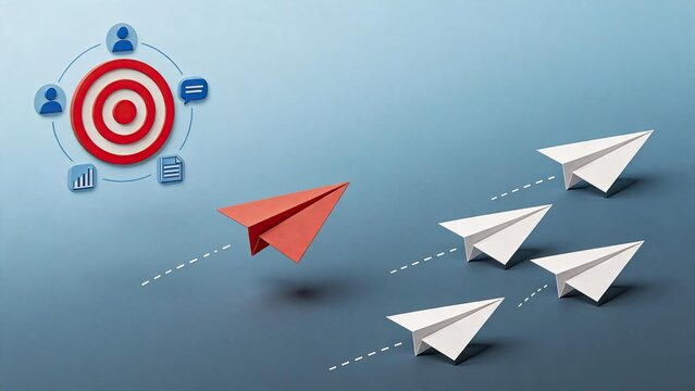 Red paper airplane leading white ones towards red target, business leadership and success concept, strategic planning and goal achievement illustration.