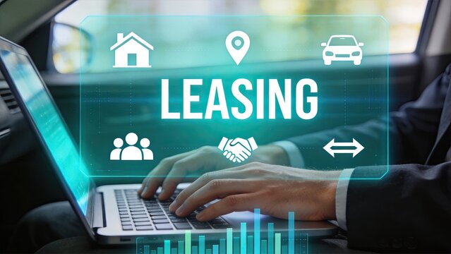 Leasing business concept displayed on virtual screen inside car, showing icons for real estate, vehicles, and finance with statistical graphs for analysis.