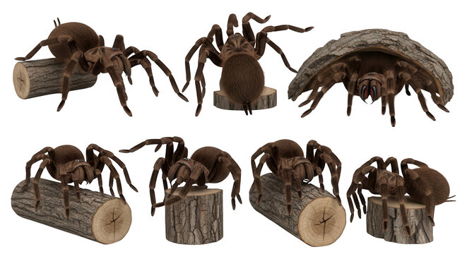 set of eight tarantulas posing on logs and under a bark shelter on a white background for education or horror