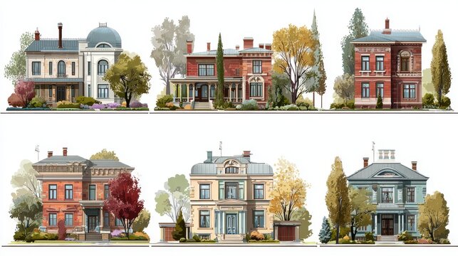 38.Detailed vector set of residential architecture facades, mansions and houses with trees, mix of modern and classic styles, clear shapes, organized layout
