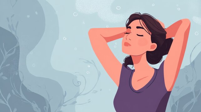41.Vector illustration depicting a woman experiencing underarm sweat and odor, subtle motion lines, expressive face, minimal color palette, clear and informative design