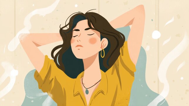 41.Vector illustration depicting a woman experiencing underarm sweat and odor, subtle motion lines, expressive face, minimal color palette, clear and informative design