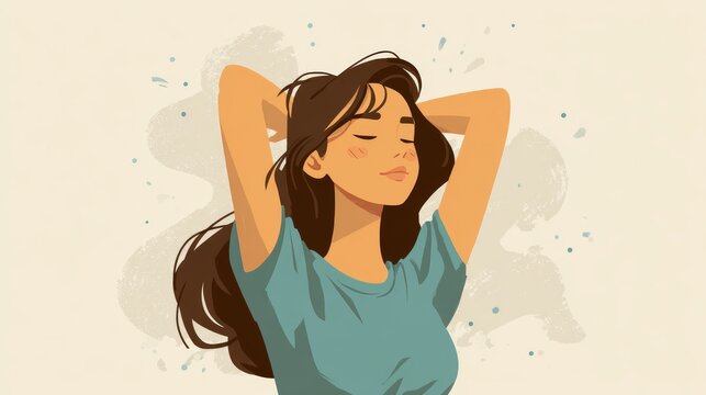 41.Vector illustration depicting a woman experiencing underarm sweat and odor, subtle motion lines, expressive face, minimal color palette, clear and informative design