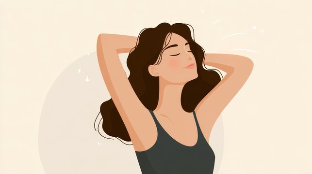 41.Vector illustration depicting a woman experiencing underarm sweat and odor, subtle motion lines, expressive face, minimal color palette, clear and informative design
