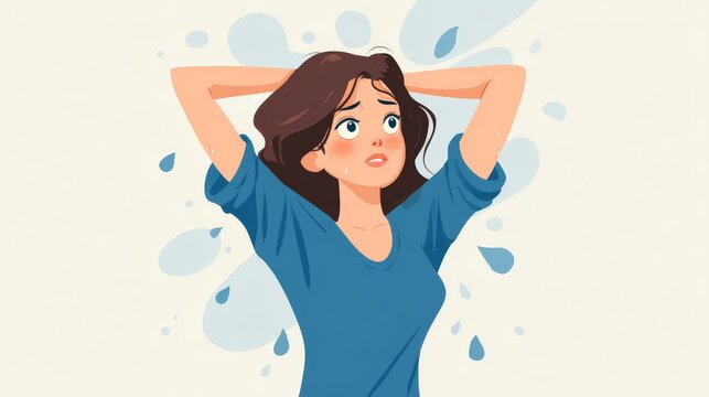 42.Clean cartoon-style illustration of a woman embarrassed by underarm sweating, arms lifted slightly, sweat marks emphasized, simple background, awareness-focused concept