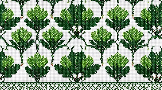 48.Repeating seamless vector pattern of green floral pixel embroidery, geometric arrangement, minimalist white background, decorative knitted textile aesthetic