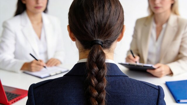 Job interview panel discussion with female candidate facing two recruiters in office meeting