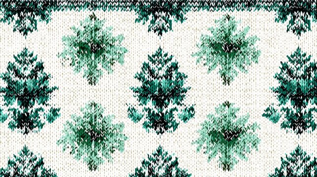 50.Decorative seamless pattern combining knitted texture and green pixel floral embroidery, geometric repetition, white background, modern and versatile textile design