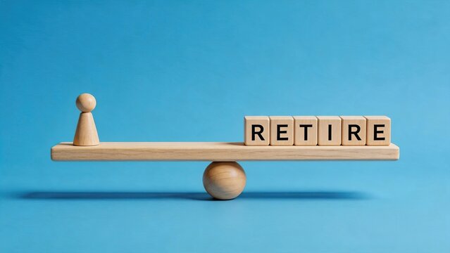 Retirement planning concept with wooden blocks on balance scale, financial security and pension savings strategy for future life stability
