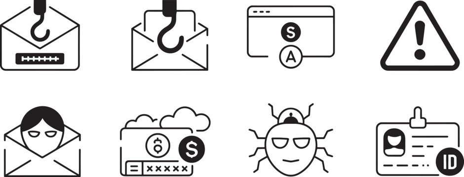 Envelope with Email Fire Icon, Website Security Key, Warning Triangle, Bug Shield, and Clipboard Id Symbols Set
