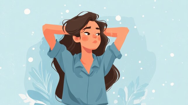 72.Cartoon style illustration of female discomfort caused by underarm sweating, stressed body language, clean flat colors, simple shapes, informative lifestyle concept design