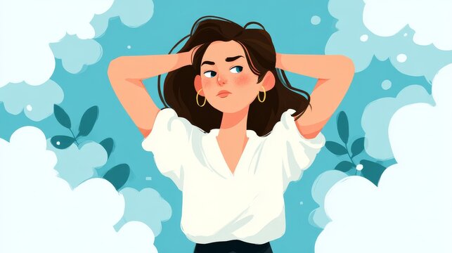 72.Cartoon style illustration of female discomfort caused by underarm sweating, stressed body language, clean flat colors, simple shapes, informative lifestyle concept design