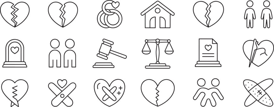Heart Love Icon Set with Broken Hearts, Scales Justice, Shelter Home, and People Symbols on White Background
