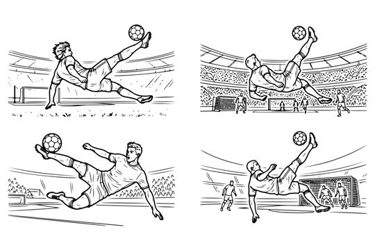 Hand-drawn soccer player sketches, collection of 4 football athletes performing bicycle kicks in stadium, black and white line art illustrations