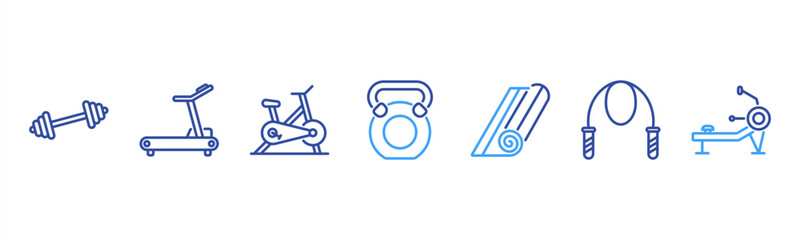 Fitness Equipment set featuring Dumbbell, Treadmill, Exercise Bike, Kettlebell, Yoga Mat, Jump Rope, Rowing Machine for gym and workout visuals. © Dewi Sari