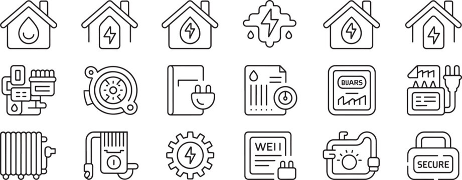 Electric Energy Home Power, Lightning Hazard, and Energy-Saving Icon Set in Black Outline Style for Utilities Branding