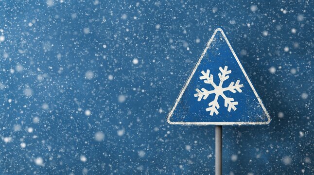 Sign warning of winter snow and cold weather with snowflake symbol on road
