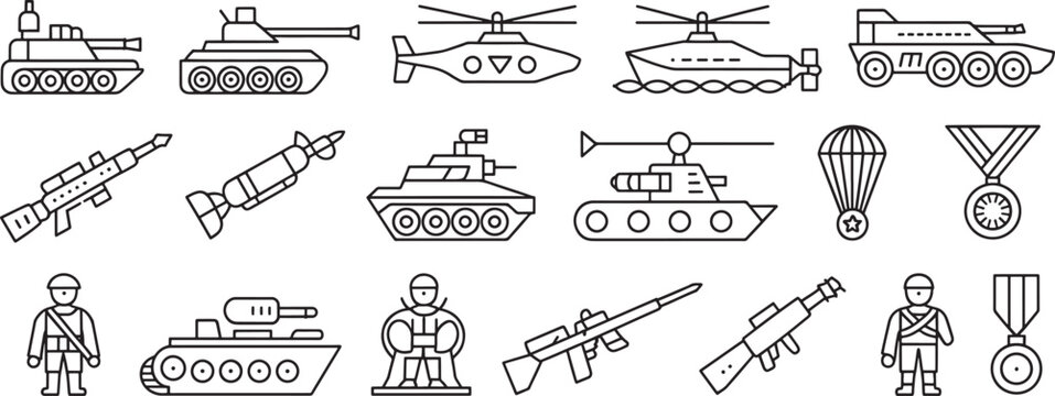 Military Vehicle and Soldier Icons Set with Tanks, Helicopters, Cannons, Paratroopers, and Medals for Vector Illustration